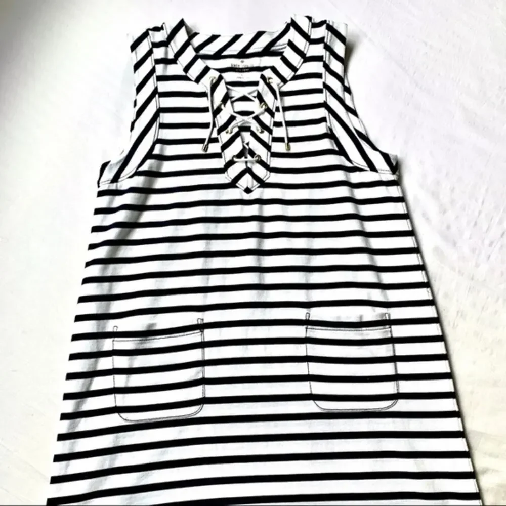 KATE SPADE Nautical Stripe Dress Size L Navy White‎ Lace Up V-Neck Mini
